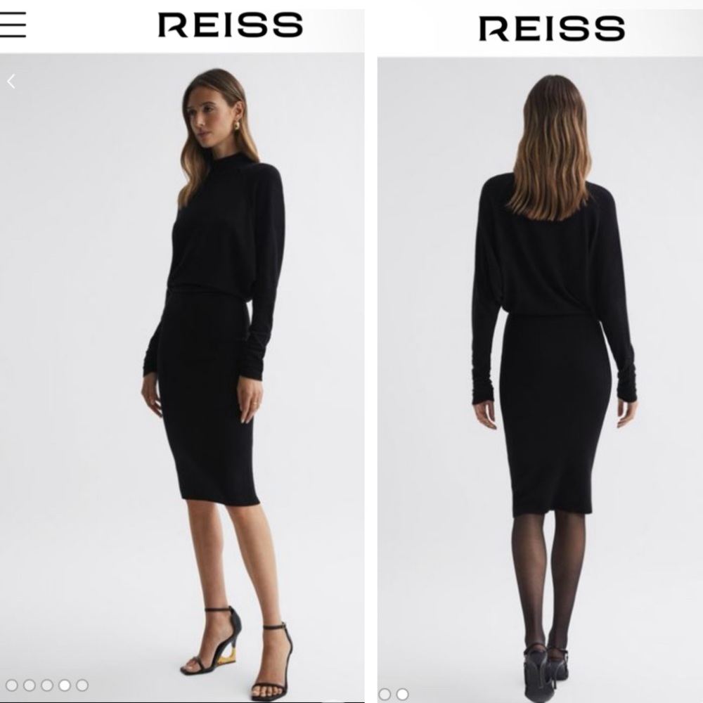 REISS yFreya knitted Roll neck Midi black dressWOOL BLEND RUCHE4D SLEEVE XS NWT